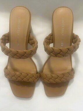 Sincerely Jules high heel slides sandals dressy nude tan braided straps size 10